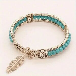 🌟Southwestern Turquoise Beaded Feather Charm Bracelet Silver Tribal Western